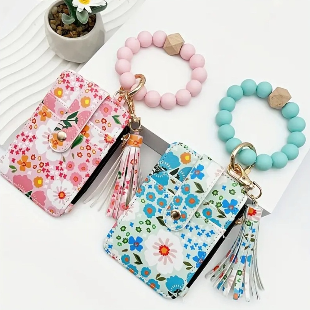 Floral   Card Holder with Tassel Keychain color blue